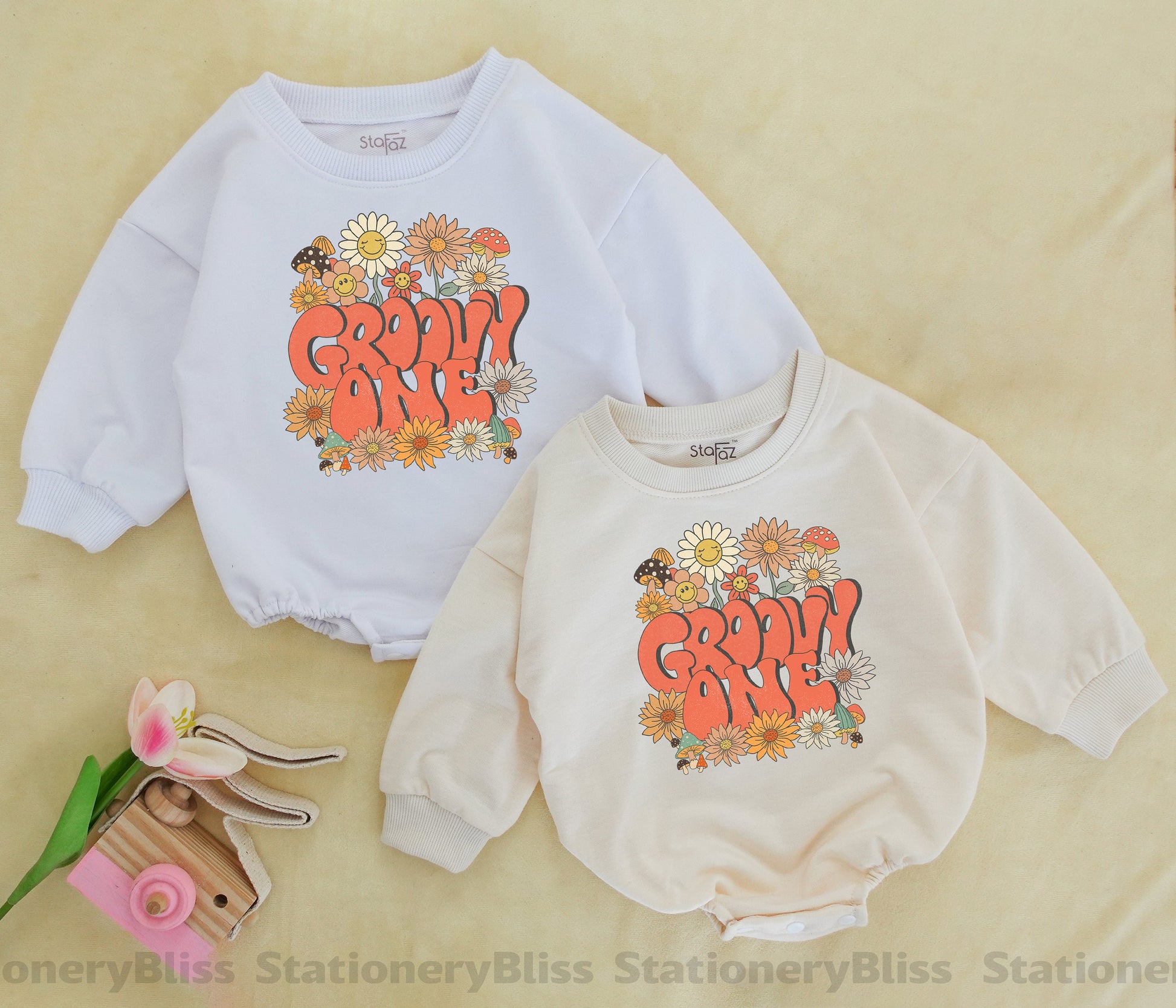 Groovy One Romper for First Birthday Girls Boho Flower Smile Baby Tee Toddler 1st Birthday Outfit