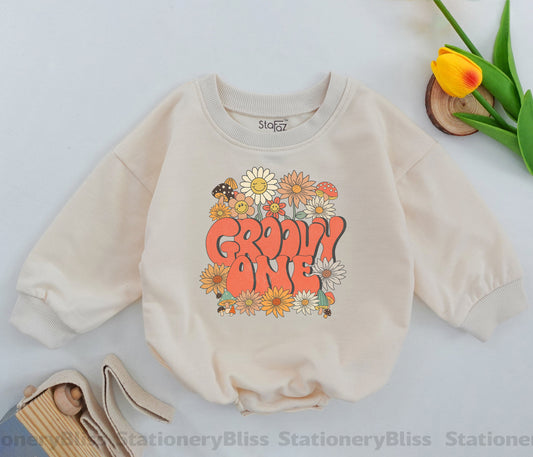 Groovy One Romper for First Birthday Girls Boho Flower Smile Baby Tee Toddler 1st Birthday Outfit