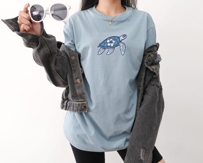 Blue Turtle Hibiscus Flower T-Shirt for Beach Days | Ocean & Summer Tee | Cute Girl's Casual Cotton Shirt