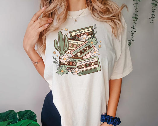 Vintage Inspired Retro Cassette Daisy Cactus Retro Tee Concert Music Shirt Western Graphic Tee