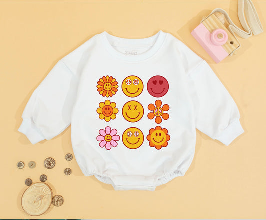 Groovy Smile Face Romper Retro Birthday Baby Girl Outfit Boho Smile Face Birthday Outfit for Girls