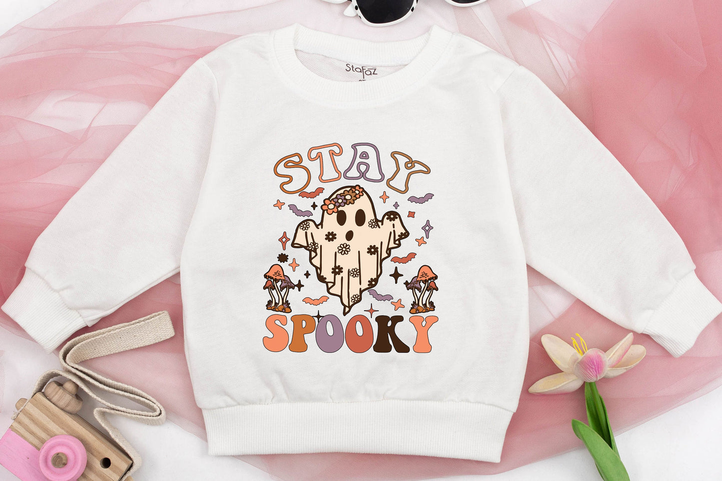 Cute Girls Stay Spooky Ghost Sweatshirt Toddler Halloween Sweater Retro Floral Whimsical Mushroom Bat Star Fall Spooky Season Kids Costume Party Outfit Comfortable