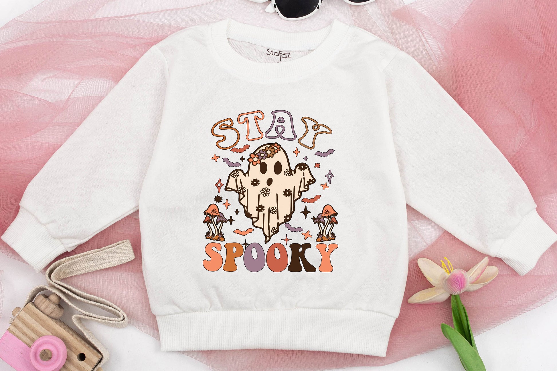 Cute Girls Stay Spooky Ghost Sweatshirt Toddler Halloween Sweater Retro Floral Whimsical Mushroom Bat Star Fall Spooky Season Kids Costume Party Outfit Comfortable