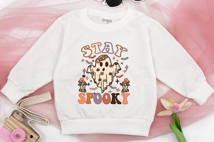 Cute Girls Stay Spooky Ghost Sweatshirt Toddler Halloween Sweater Retro Floral Whimsical Mushroom Bat Star Fall Spooky Season Kids Costume Party Outfit Comfortable