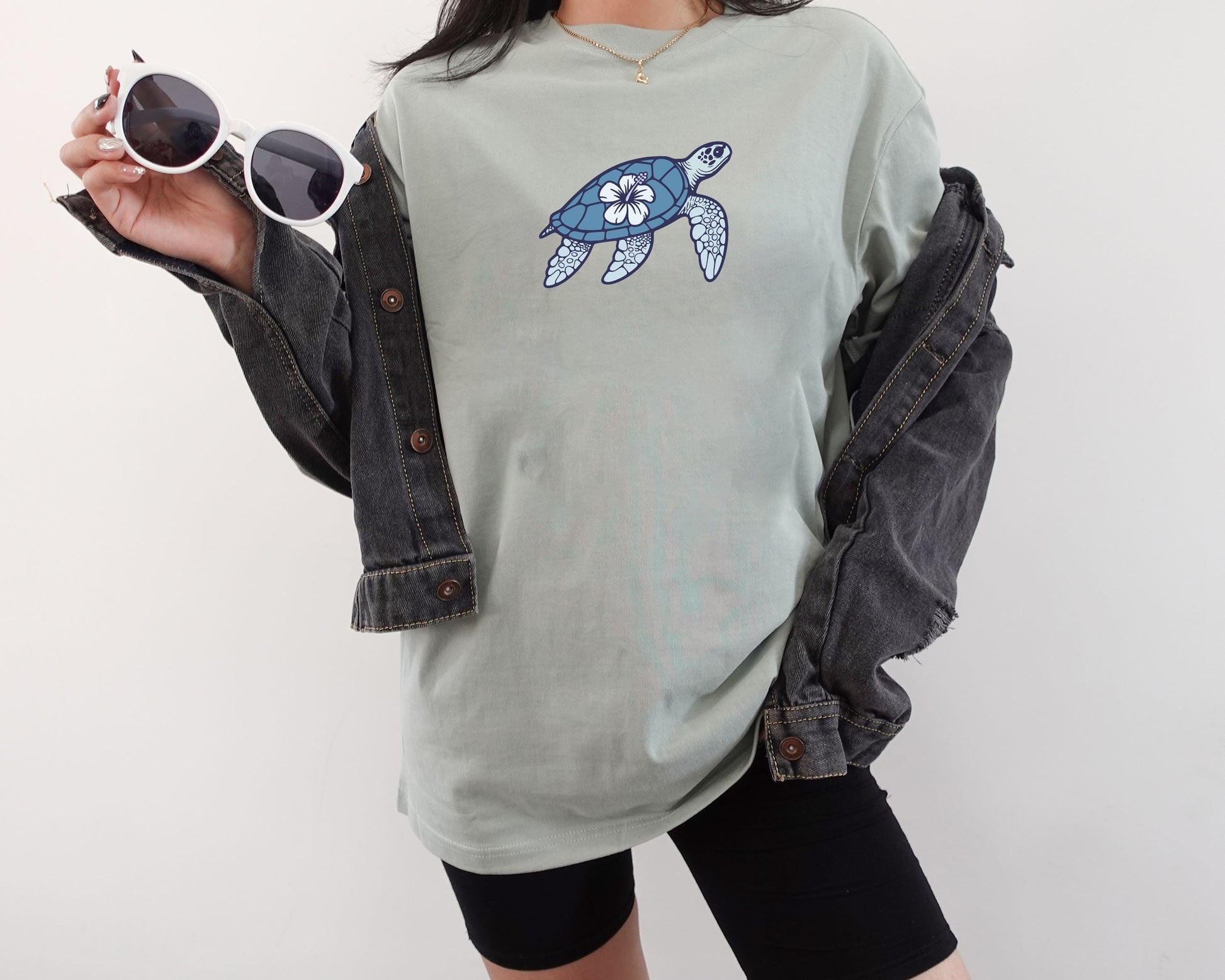 Blue Turtle Hibiscus Flower T-Shirt for Beach Days | Ocean & Summer Tee | Cute Girl's Casual Cotton Shirt