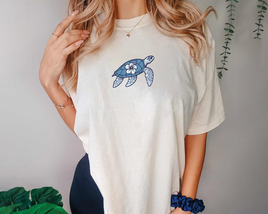 Blue Turtle Hibiscus Flower T-Shirt for Beach Days | Ocean & Summer Tee | Cute Girl's Casual Cotton Shirt
