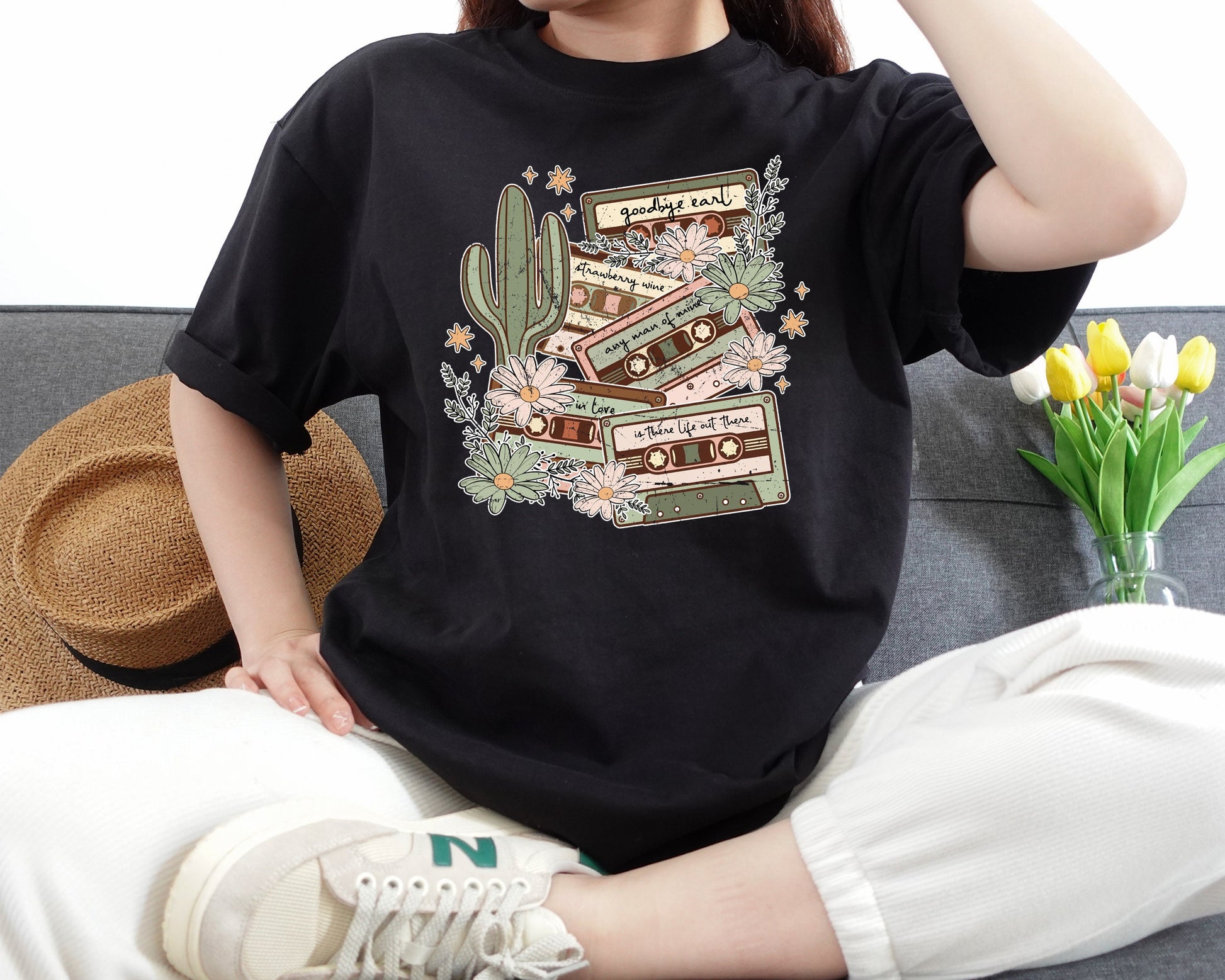 Vintage Inspired Retro Cassette Daisy Cactus Retro Tee Concert Music Shirt Western Graphic Tee