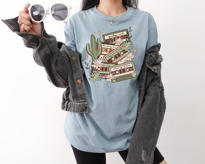 Vintage Inspired Retro Cassette Daisy Cactus Retro Tee Concert Music Shirt Western Graphic Tee