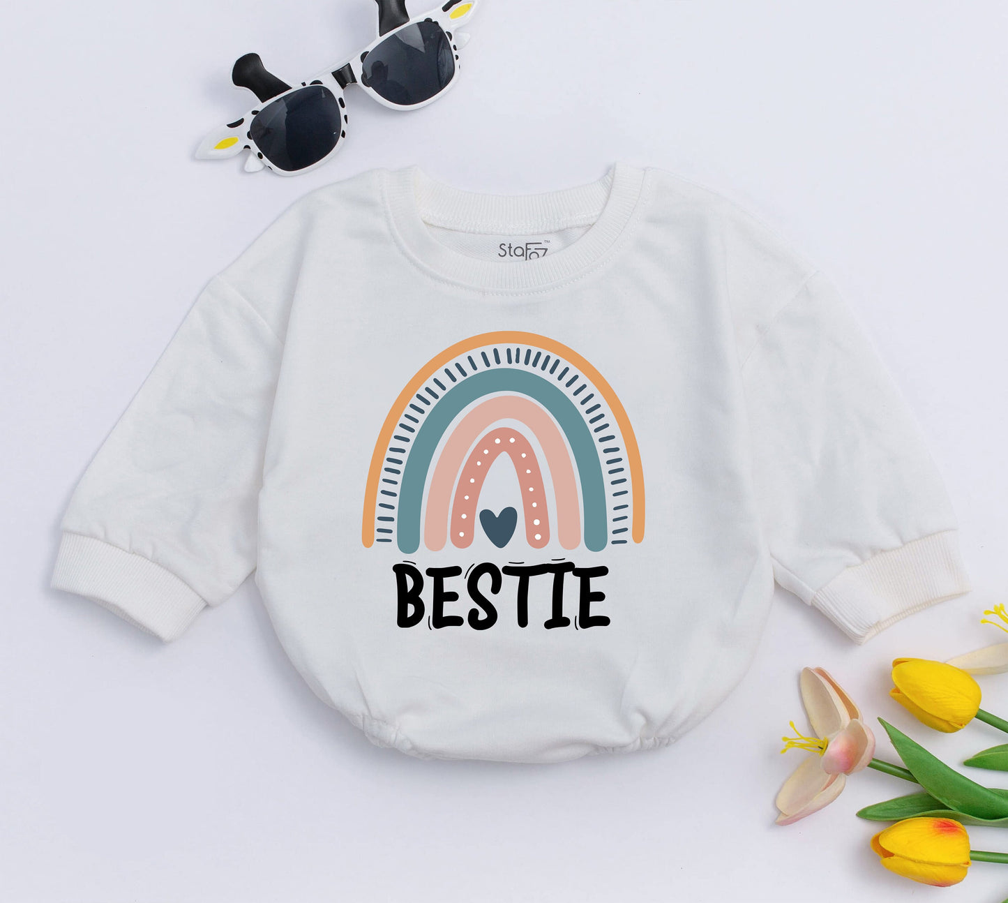 Retro Bestie Baby Romper: Boho Unisex Bodysuit & Personalized Gift