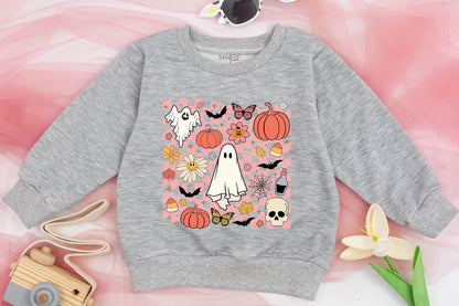 Retro Pink Checkerboard Halloween Sweatshirt for Kids Spooky Ghost Pumpkin Bat Skull Design Vintage Playful Toddler Baby Girl Boy Fall Outfit Fun Gift