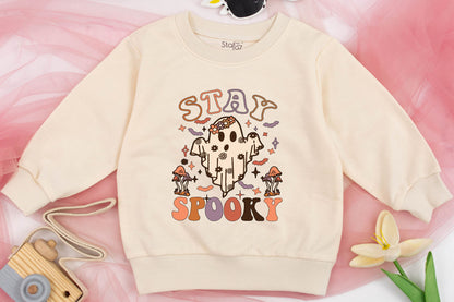 Cute Girls Stay Spooky Ghost Sweatshirt Toddler Halloween Sweater Retro Floral Whimsical Mushroom Bat Star Fall Spooky Season Kids Costume Party Outfit Comfortable