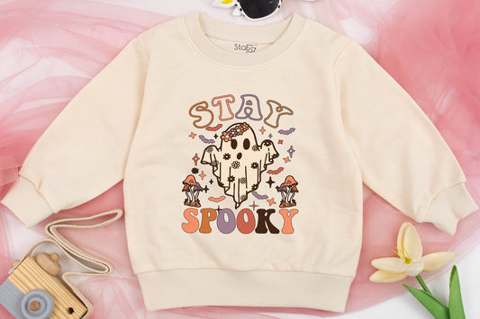 Cute Girls Stay Spooky Ghost Sweatshirt Toddler Halloween Sweater Retro Floral Whimsical Mushroom Bat Star Fall Spooky Season Kids Costume Party Outfit Comfortable