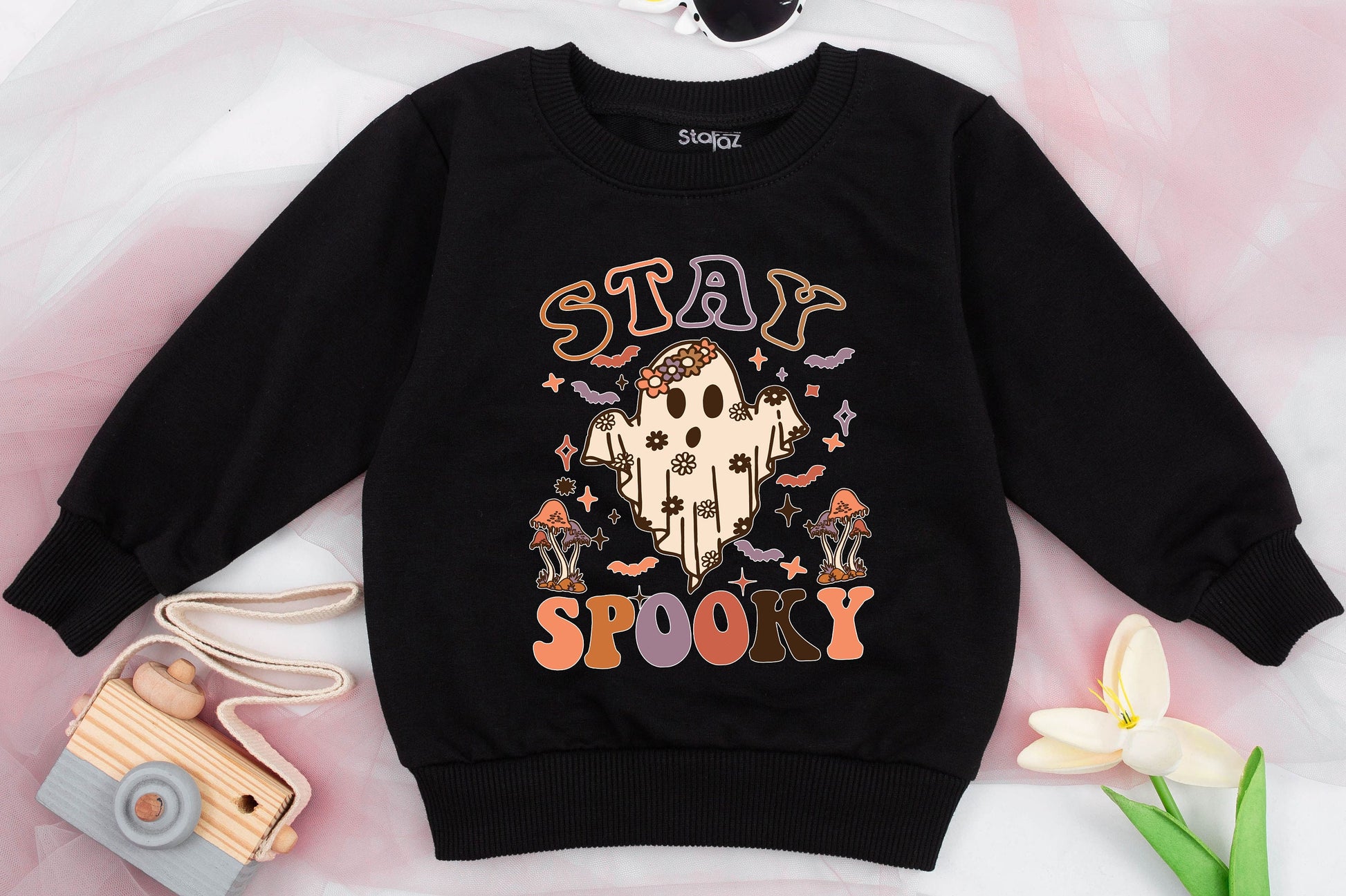 Cute Girls Stay Spooky Ghost Sweatshirt Toddler Halloween Sweater Retro Floral Whimsical Mushroom Bat Star Fall Spooky Season Kids Costume Party Outfit Comfortable
