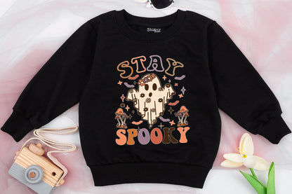 Cute Girls Stay Spooky Ghost Sweatshirt Toddler Halloween Sweater Retro Floral Whimsical Mushroom Bat Star Fall Spooky Season Kids Costume Party Outfit Comfortable
