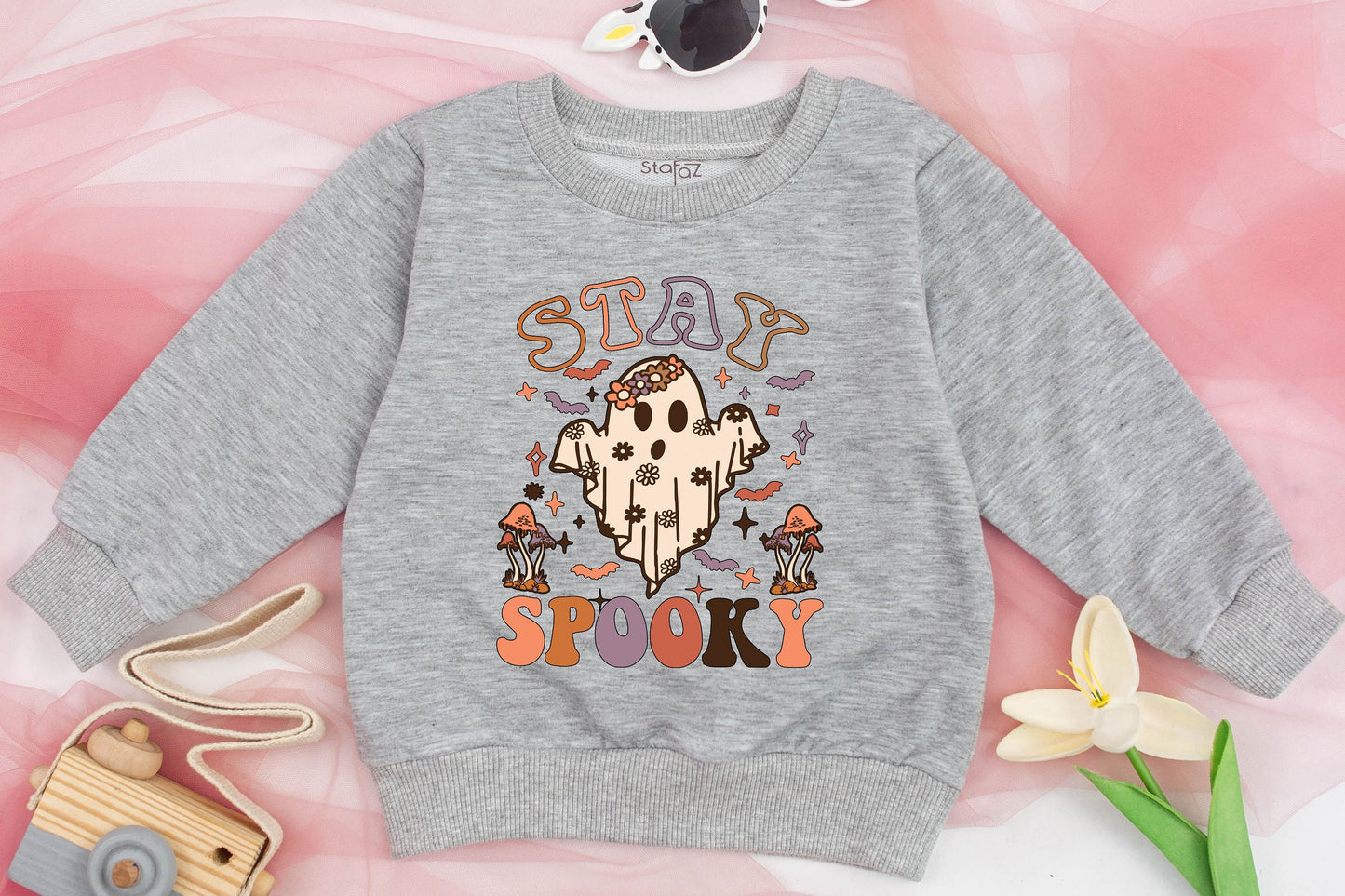 Cute Girls Stay Spooky Ghost Sweatshirt Toddler Halloween Sweater Retro Floral Whimsical Mushroom Bat Star Fall Spooky Season Kids Costume Party Outfit Comfortable