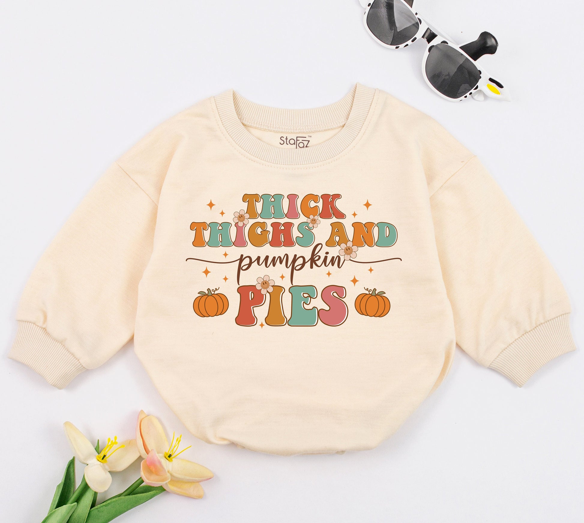 Thick Thighs & Pumpkin Pies Baby Romper Funny Retro Fall Bodysuit Chubby Kid Natural Autumn Thanksgiving Outfit Cotton Comfort