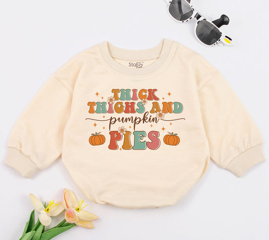 Thick Thighs & Pumpkin Pies Baby Romper Funny Retro Fall Bodysuit Chubby Kid Natural Autumn Thanksgiving Outfit Cotton Comfort