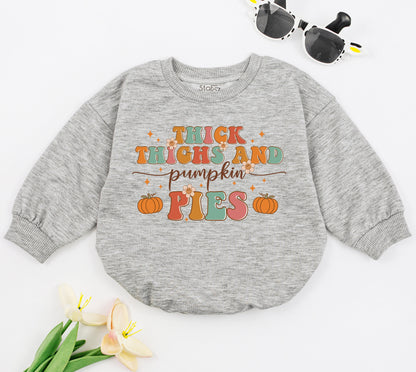 Thick Thighs & Pumpkin Pies Baby Romper Funny Retro Fall Bodysuit Chubby Kid Natural Autumn Thanksgiving Outfit Cotton Comfort