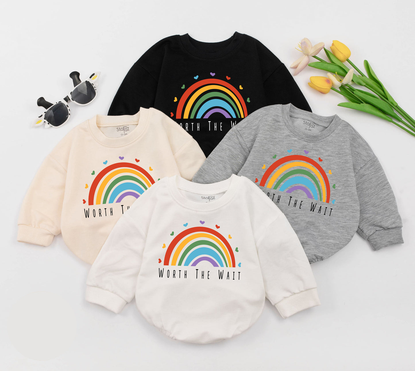 Worth the Wait Rainbow Baby Romper: Unisex Pregnancy Announcement