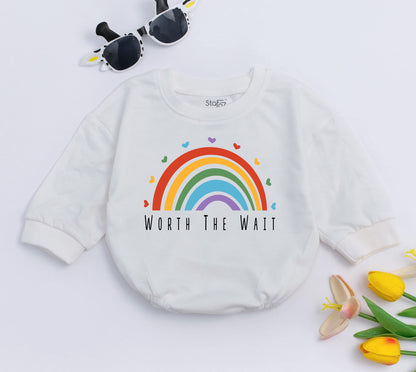 Worth the Wait Rainbow Baby Romper: Unisex Pregnancy Announcement