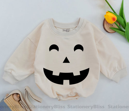 Cute Minimalist Black Jack-o'-lantern Smile Face Baby Romper Halloween Thanksgiving Fall Autumn Infant Bodysuit