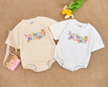 Pick Flowers Not Fights Groovy Baby Romper Vintage Hippie Pastel Bubble Bodysuit Cute Smiley Flower Baby Shower Gift for Boys & Girls