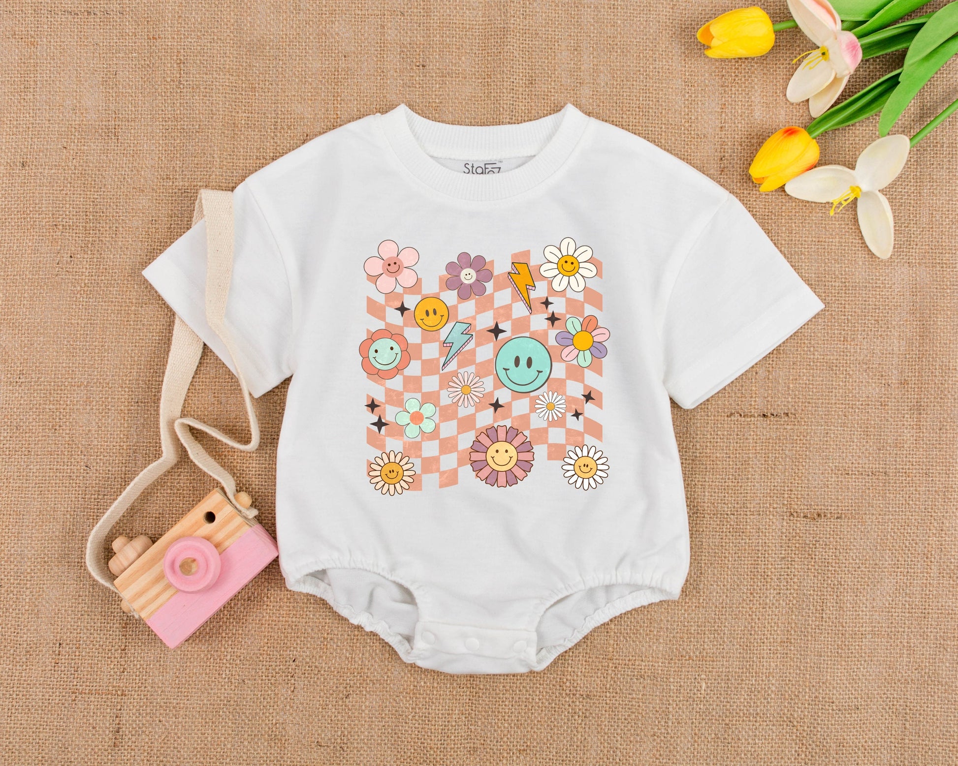 Retro Smile Face Baby Romper Short Sleeve Girl Birthday Outfit Vintage Bubble Design Comfortable Boho Clothes Toddler Gift