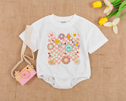 Retro Smile Face Baby Romper Short Sleeve Girl Birthday Outfit Vintage Bubble Design Comfortable Boho Clothes Toddler Gift