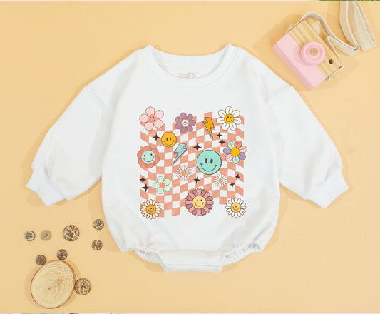Smile Face Birthday Romper for Toddler Girls - Retro Smile Face Bubble Outfit - Vintage Party Clothes - Baby Shower Gift