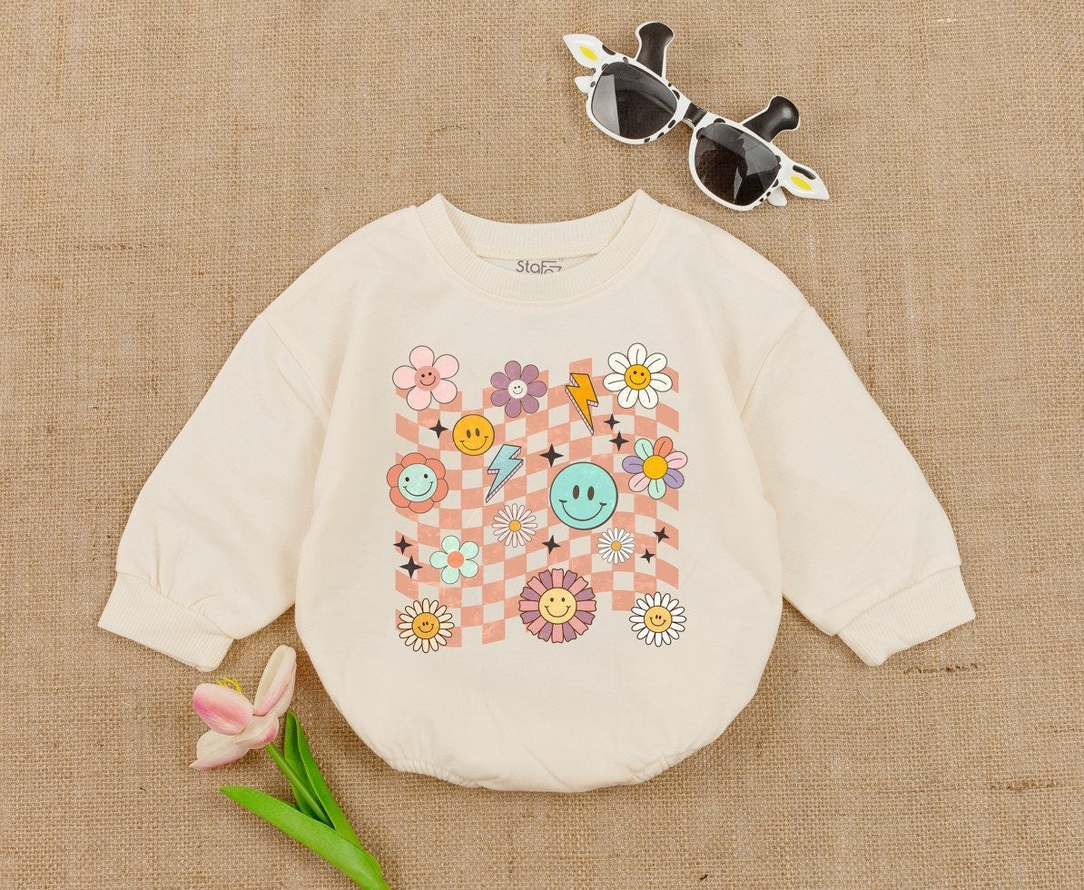 Smile Face Birthday Romper for Toddler Girls - Retro Smile Face Bubble Outfit - Vintage Party Clothes - Baby Shower Gift