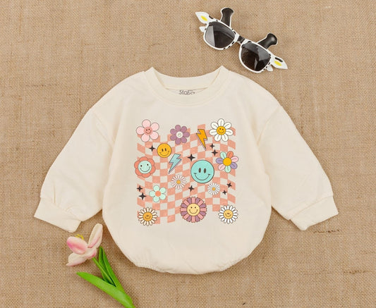 Smile Face Birthday Romper for Toddler Girls - Retro Smile Face Bubble Outfit - Vintage Party Clothes - Baby Shower Gift