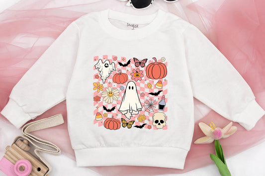 Retro Pink Checkerboard Halloween Sweatshirt for Kids Spooky Ghost Pumpkin Bat Skull Design Vintage Playful Toddler Baby Girl Boy Fall Outfit Fun Gift