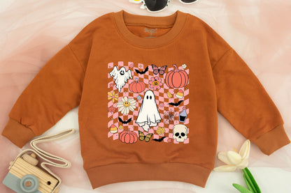 Retro Pink Checkerboard Halloween Sweatshirt for Kids Spooky Ghost Pumpkin Bat Skull Design Vintage Playful Toddler Baby Girl Boy Fall Outfit Fun Gift