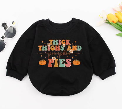 Thick Thighs & Pumpkin Pies Baby Romper Funny Retro Fall Bodysuit Chubby Kid Natural Autumn Thanksgiving Outfit Cotton Comfort