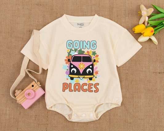 Playful Retro Baby Romper with Cartoon Van Going Places Colorful Stars Flowers Vintage Summer Birthday Outfit Hippie Infant Bodysuit