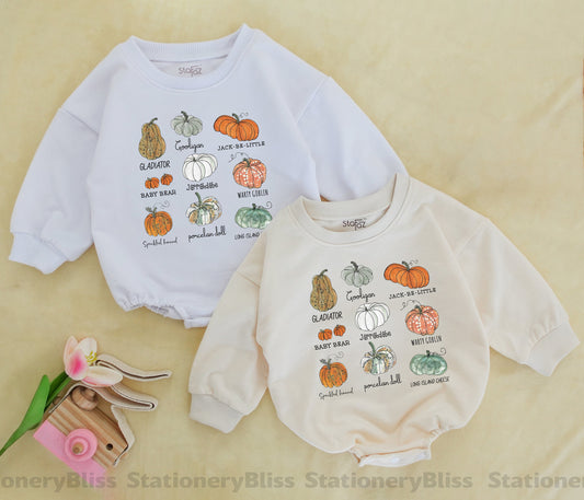 Cute natural pumpkin patch crew romper perfect for baby's first fall pumpkin picking trip outfit soft comfortable cotton infant apparel