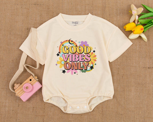 Good Vibes Only Retro Boho Baby Romper with Rainbow Flowers Vintage Summer Birthday Outfit Girls Boys Cotton Soft Infant Bodysuit Comfortable Hippie Style