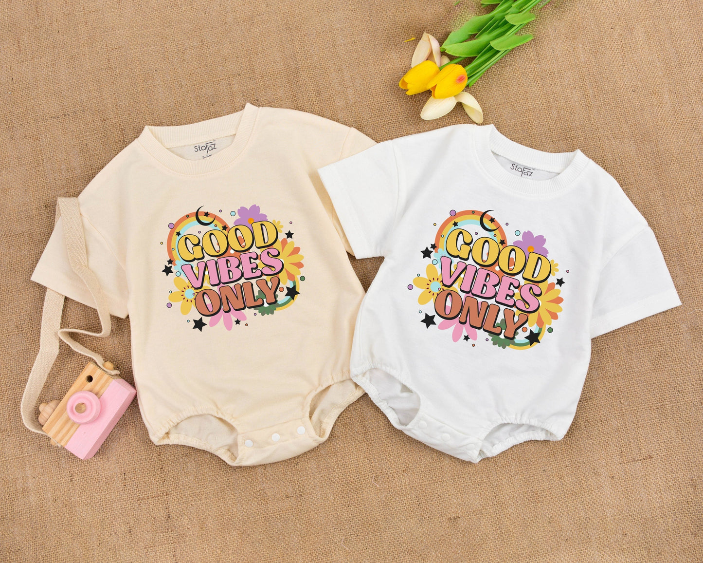 Good Vibes Only Retro Boho Baby Romper with Rainbow Flowers Vintage Summer Birthday Outfit Girls Boys Cotton Soft Infant Bodysuit Comfortable Hippie Style