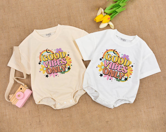Good Vibes Only Retro Boho Baby Romper with Rainbow Flowers Vintage Summer Birthday Outfit Girls Boys Cotton Soft Infant Bodysuit Comfortable Hippie Style