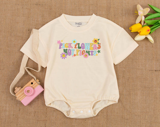 Pick Flowers Not Fights Groovy Baby Romper Vintage Hippie Pastel Bubble Bodysuit Cute Smiley Flower Baby Shower Gift for Boys & Girls
