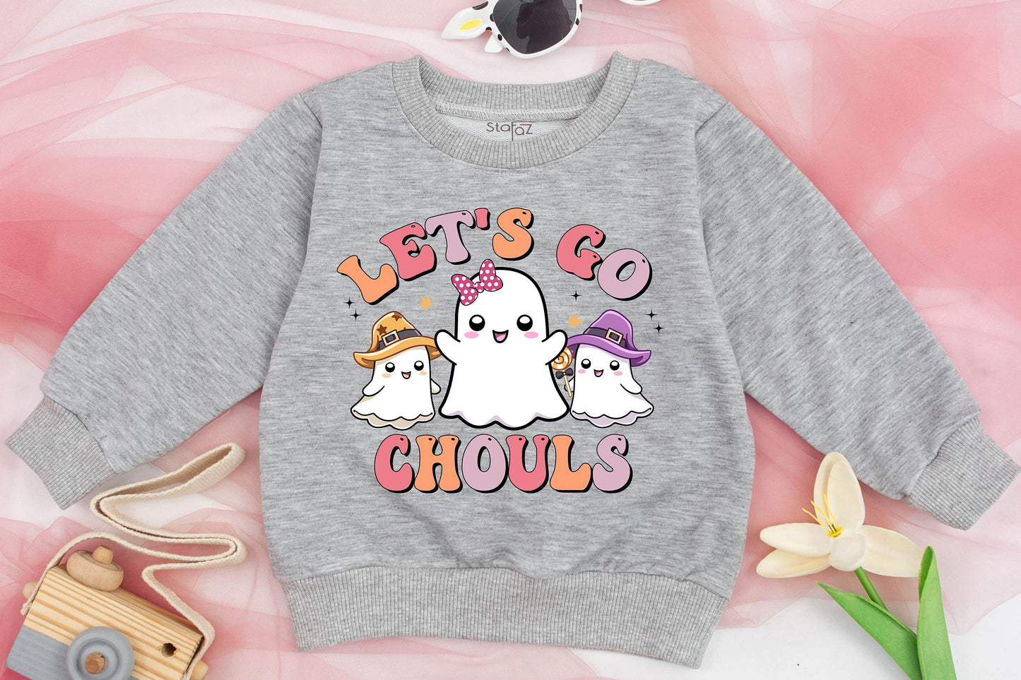 Retro Halloween Sweatshirt for Kids Let's Go Ghouls Cute Ghost Design Pastel Vintage Vibes