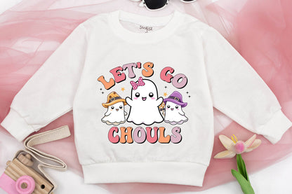 Retro Halloween Sweatshirt for Kids Let's Go Ghouls Cute Ghost Design Pastel Vintage Vibes