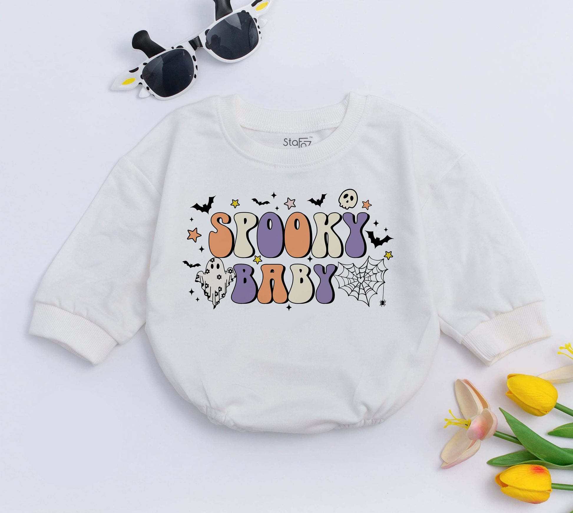 Spooky Baby Romper Retro Halloween Bodysuit for Baby Girl or Boy First Halloween Outfit Ghost Design Fall Season Gift 1st Halloween