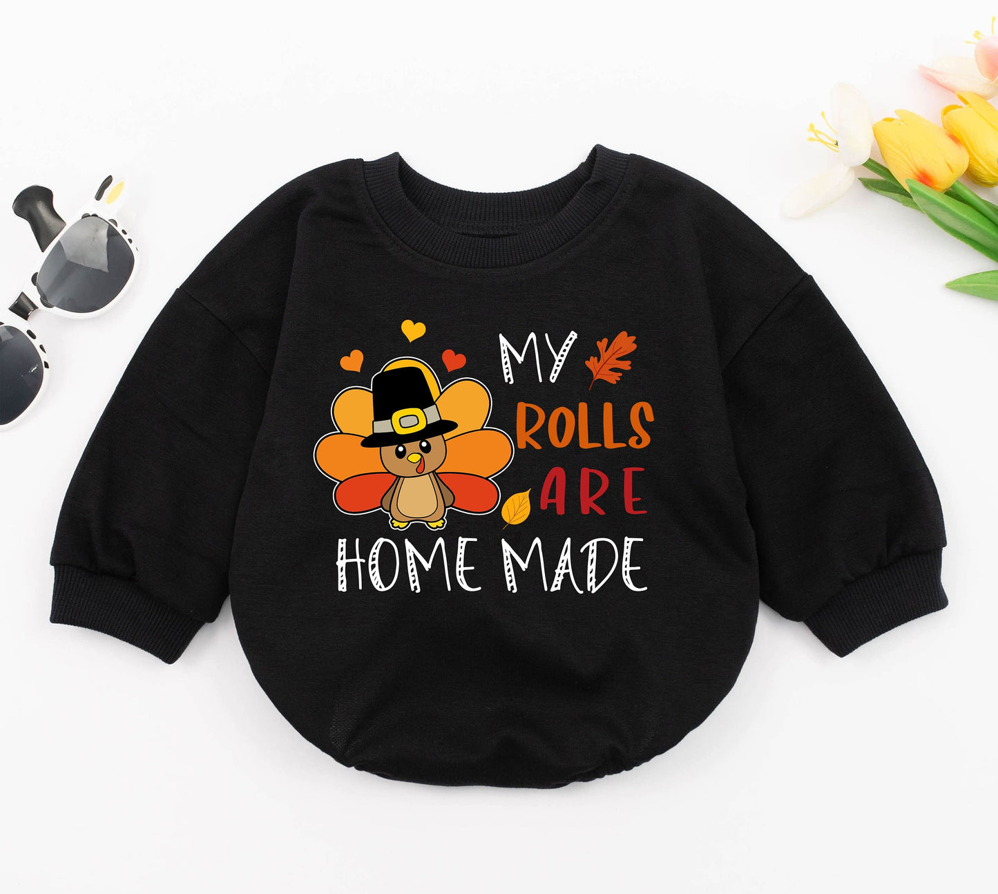 First Thanksgiving Baby Romper, Cute Fall Bodysuit, Homemade Rolls