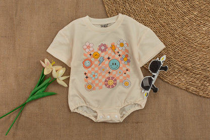 Retro Smile Face Baby Romper Short Sleeve Girl Birthday Outfit Vintage Bubble Design Comfortable Boho Clothes Toddler Gift