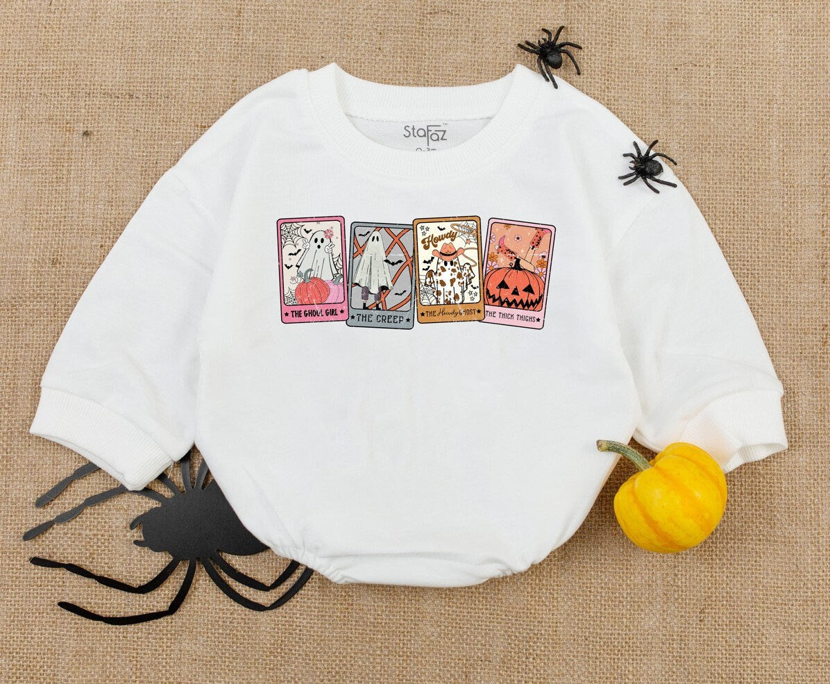 Retro Halloween Ghost Tarot Baby Romper Pastel Spooky Vintage Cards First Halloween Outfit Newborn Clothes Baby Shower Gift Whimsical Design