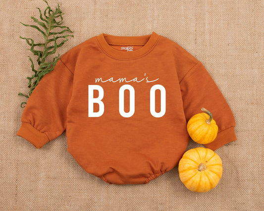 Mama's BOO Baby Romper Halloween Bodysuit Minimalist White Text Cute Little Pumpkin Fall Outfit Infant Girl Boy Shower Gift
