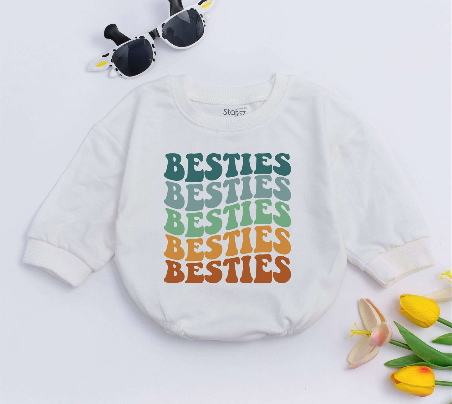 Wavy Besties Baby Girl One Piece Romper - Retro Best Friend Gift for Newborns, Baby Shower, & Baby Outfits
