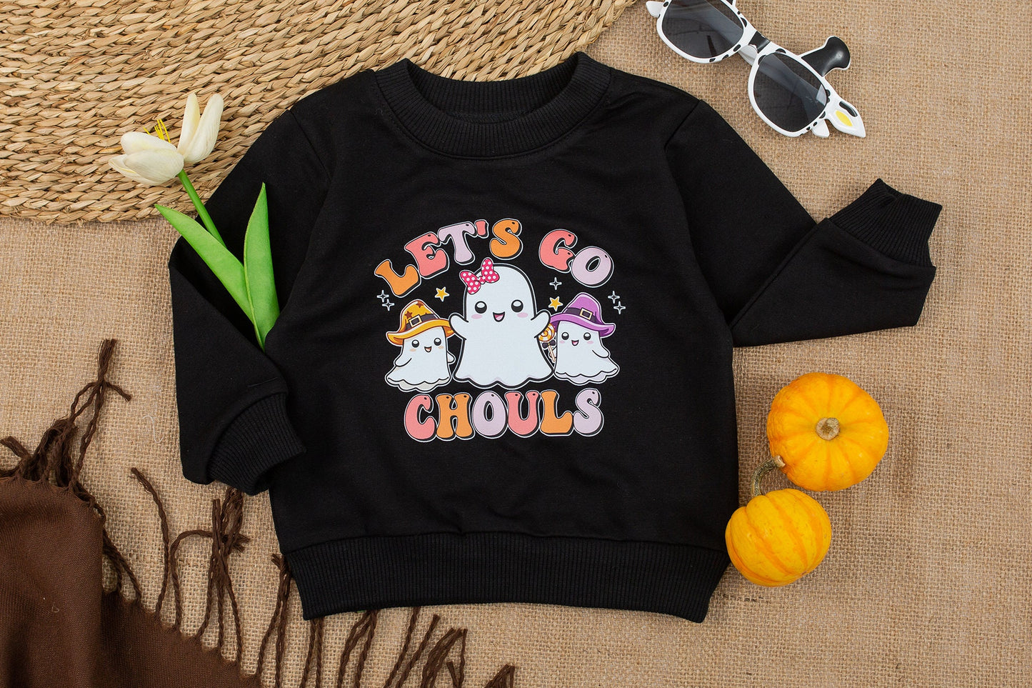 Retro Halloween Sweatshirt for Kids Let's Go Ghouls Cute Ghost Design Pastel Vintage Vibes
