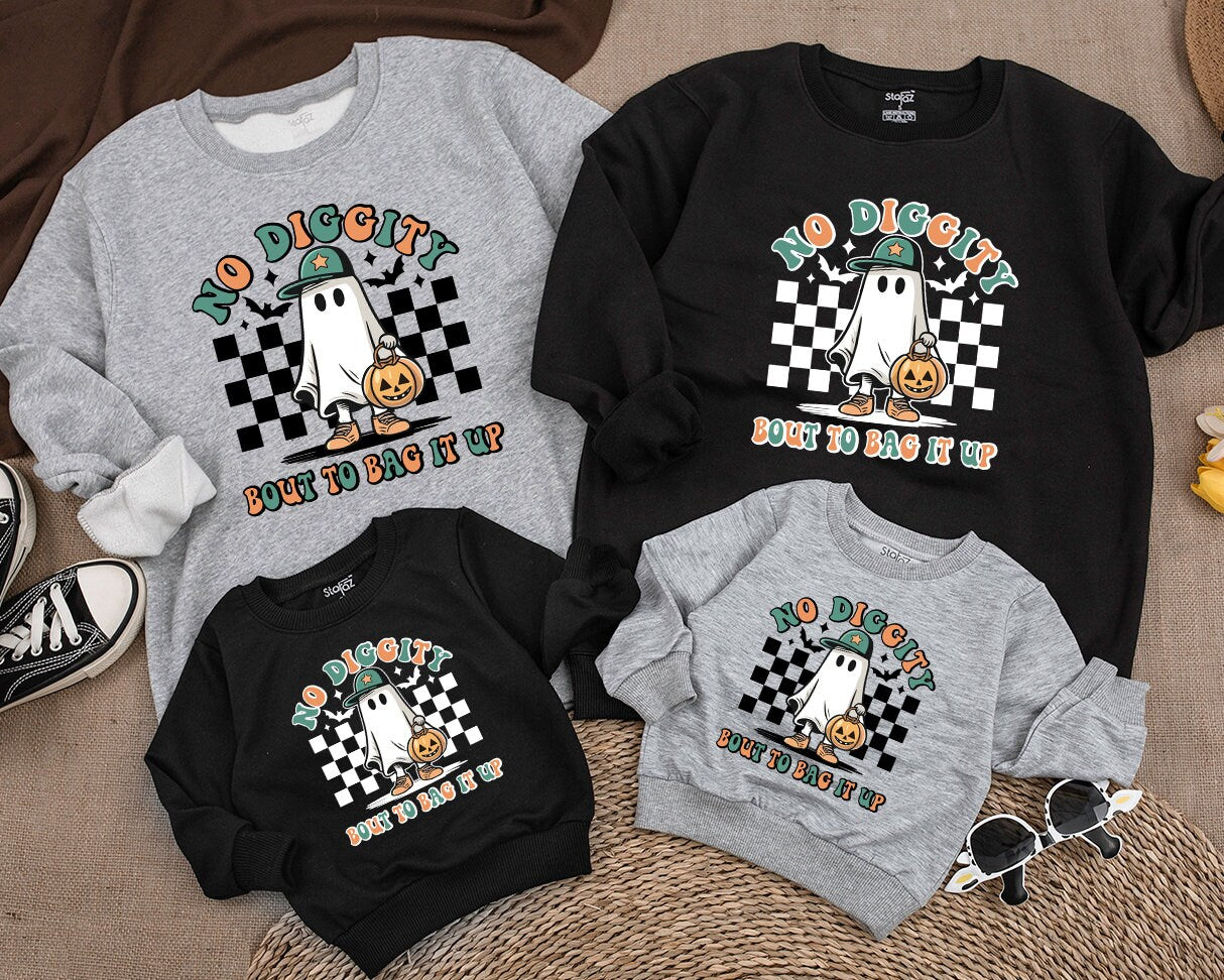 Retro Halloween Ghost Sweatshirt No Diggity Bout To Bag It Up Cartoon Toddler Baby Kid Fall Vintage Spooky Orange Green Tan Black White Bats